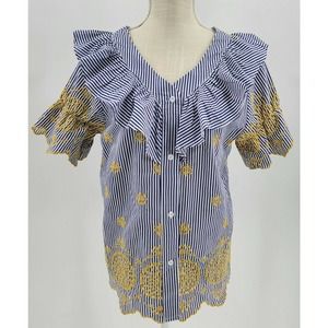 JJ's Fairyland Blue White Stripe Ruffle Top Blouse Size M Embroidered Eyelet NWT